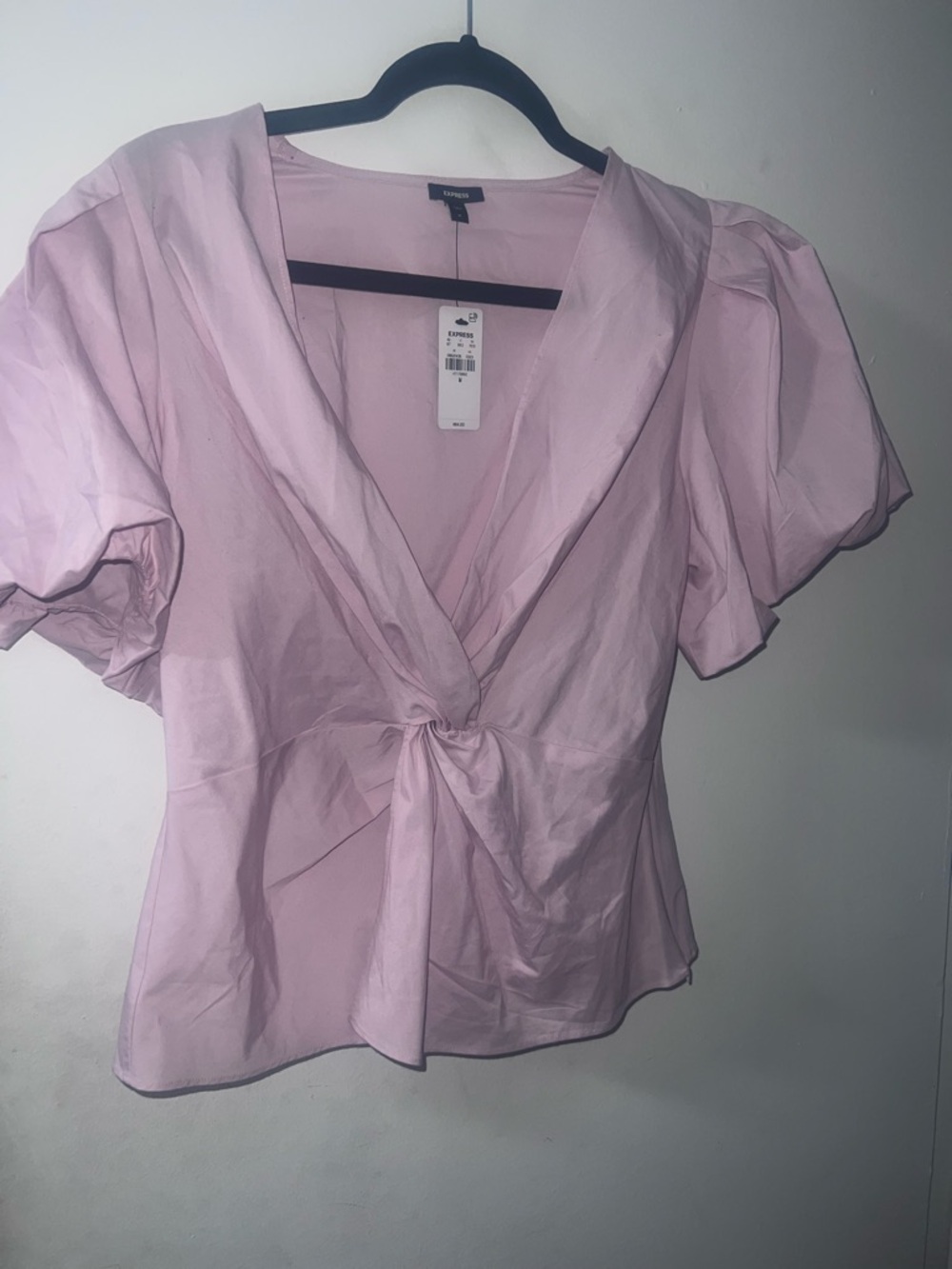 Express Light Pink Tie-Front Puff Sleeve Blouse